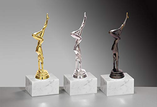 Henecka 🤸‍♂️ Turnen-Damen-Pokal, Turner-Trophäe, Turnerin im Handstand auf Marmorsockel, mit Wunschgravur, wählbar in 3 Farben (Silber)