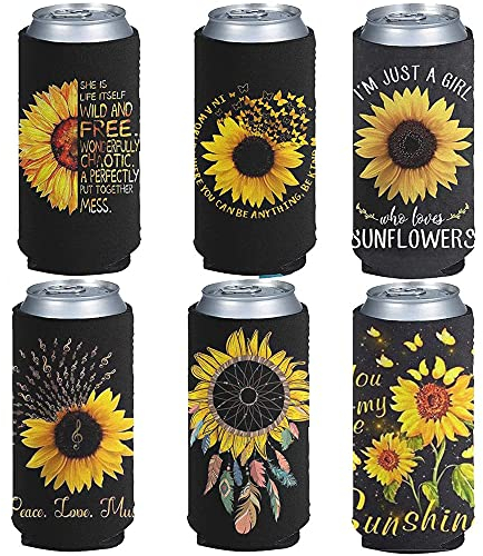 Jeiento 6Pack Beer Can Sleeves Neoprene Bottle Insulator Sleeve Collapsible Drink for 12-16 Ounce Energy Drink Beverage Beer Can Sunflower Deisgn