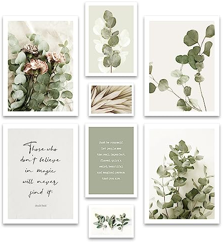 ARTFAVES® Poster Set - EUCALYPTUS - mehrteilige Wanddeko Wohnzimmer & Schlafzimmer - 8 moderne Wandbilder Eukalyptus, Pflanzen, grün, natur, Boho - ohne Bilderrahmen