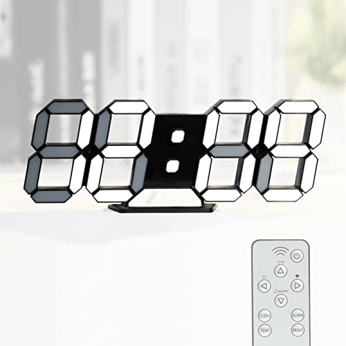 KOSUMOSU Uhren für Wohnzimmer Dekor, 9,7 Zoll große Digitale Wanduhr, Wecker Schwarze Uhr Wanddekoration, Dimmer/Uhrzeit/Datum/Temperaturanzeige, Fernbedienung (Schwarze Wanduhr mit weißem Licht)