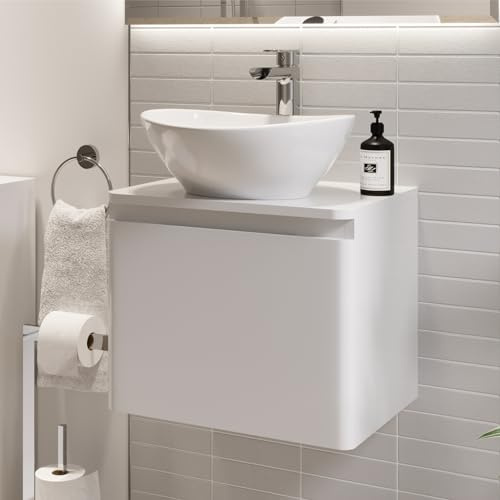 Affine® 500mm Vanity Unit Bathroom Wall Mounted Storage Cabinet Cupboard Cloakroom, Soft Close Drawer, Roubaix White Countertop Basin Sink, White Gloss