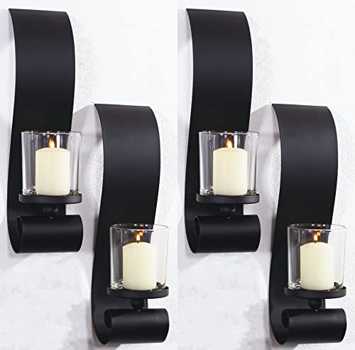 Novaliv 4X Wandkerzenhalter Vintage Metall mit Glas 12,5 x 36,5 x 9 cm Schwarz Kerzenhalter Wohnzimmer Dekoration Wanddeko Vintage Deko Kerzenständer Stumpenkerze