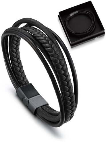 Bandmax Bracciale Uomo in Pelle, Multistrato Intrecciato in Pelle Nero Lunghezza 21 CM, Bracciale in Vera Pelle con Chiusura in Acciaio Inossidabile, Confezione Regalo
