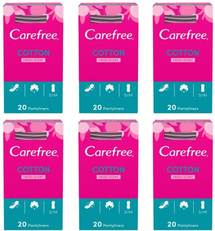 Cotton Feel Fresh Scent Regular Panty Liners, 6 Count, 20 Each (120 Total), Breathable Pantyliners