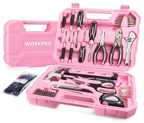 WORKPRO Pink Tool Set, 258 PCS Tool Kit for Women, Basic Household Case with Hammer, Screwdriver Set, Portable for Home Repair, New Apartment, House-Warming, DIY - Pink Ribbon