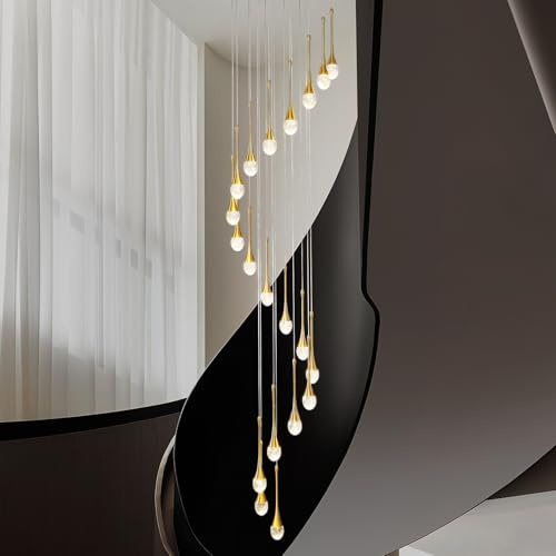 138/350cm Gold Kronleuchter,20 Lichter,Wendeltreppe Anhänger Hängelampe | Lampara de Wohnzimmer Hohe Decke Kristall Kronleuchter Foyer Eingang Regentropfen Blase LED 2700–6000K Dimmbar.
