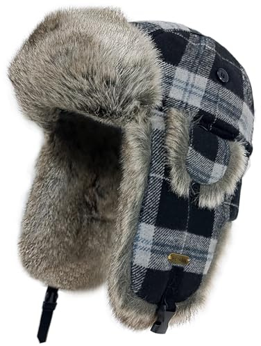 HEYANN Ushanka Russische Fliegermütze Herren Wintermütze mit Ohrenklappen,Ushanka Herren Trapper Mütze Bombermütze Fallensteller Karierter Hut Unisex Warme Mütze (2/3XL, Schwarz-Grau)