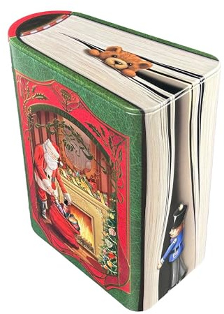 MediMuc Pequeña caja de libros St. Nick – Caja nostálgica meticulosamente repujada e impresa – Papá Noel desempaqueta los regalos – Caja de galletas, calidad alimentaria (rojo verde)