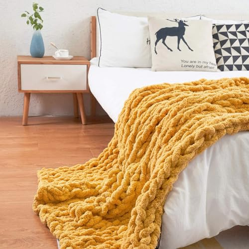 DASJD Grobe Strickdecke, Handgefertigt Gestrickte Kuscheldecke, Gestrickte Decke für Bett und Sofa,Gelb,100x130cm