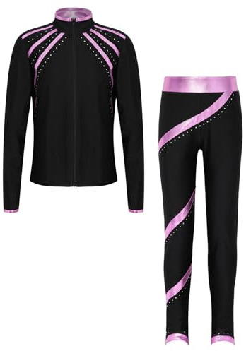 Oyolan Barn flicka set konståkning jacka och leggings strass metallisk glänsande gymnastisk outfit danskostym 5–16 år, rosa, 7-8 �r