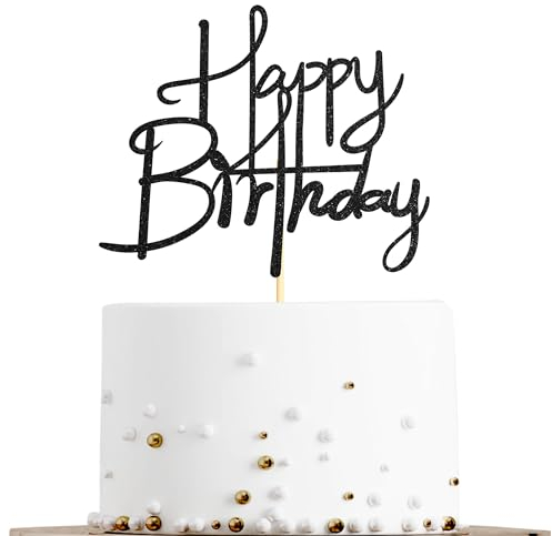 Sotpot 1PC Happy Birthday Cake Topper Black Glitter Happy Birthday Cake Decoration Photo Booth Props for Anniversary Birthday Party Decorations