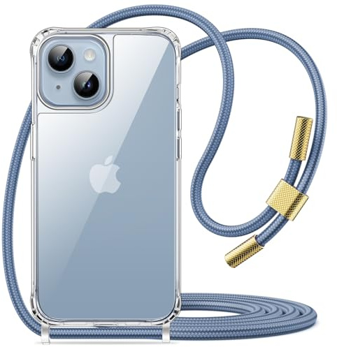 JETech Coque en Bandoulière pour iPhone 14 6,1 Pouces avec Sangle Lanière Réglable, Housse Étui de Protection Clair Transparent Anti-Jaunissement Antichoc avec Cordon de Cou (Bleu)