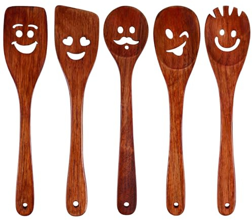 HANSGO 5PCS Wooden Spatula Set, 12 Inch Cast Scraper, Cute Face Expression Cooking Utensils