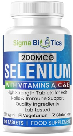 SigmaBiotics Selenium with Vitamins A, C & E - Promotes Healthy Hair, Skin & Nails - Supports the Immune System - Superior Absorption Formula - Vegan and Gluten Free - 90 Tablets