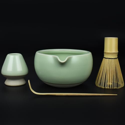 Artcome 4 Pcs Complete Matcha Ceremony Kit - Japanese Bowl With Pouring Spout, Whisk, Holder, Scoop - Tea Set for Making Usucha, Koicha and Latte (Green)