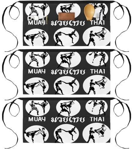 VAPOKF Taillenschürze, kurze Kellnerschürze mit 3 Taschen, halbe Schürze zum Kochen, Backen, Hausreinigung, Restaurant, Arbeit, Bistro, Bar, Muay Thai-Silhouette, 3 Packungen, multi,