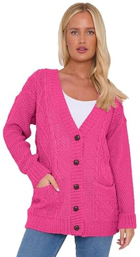 Mustwearit Ladies Cardigan 5 Button V-Neck Long Sleeves Cable Knitted Chunky Grandad Cardigans Sweater Jumper Top for Women UK Plus Size 8-26
