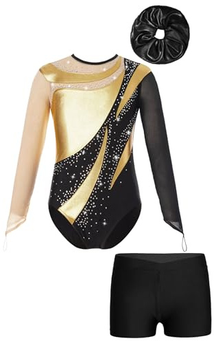 Xnihocha Mädchen Gymnastikanzug für Kinder Langarm Turnanzug Ballettanzug mit kurzer Hose Haarband 3-teiliger Tanz Outfits