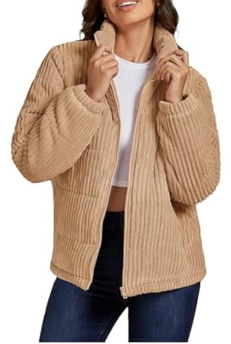 KASENFASHION Damen Cordjacke – Übergangsjacke mit Reißverschluss und Taschen, Cordjacke Damen Gefütterte Langarmjacke für Herbst/Winter
