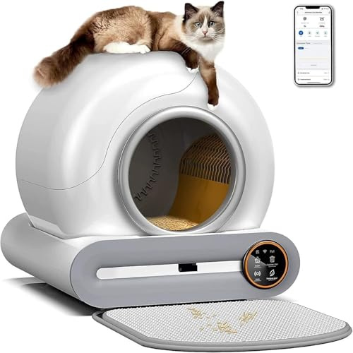 Självrengörande kattlåda, automatisk appkontroll platsbesparande design sanitär övervakare/65 L + 9 L stor kapacitet med matta