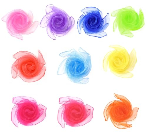 Sensory Scarves, AWAVM 10PCS Rainbow Colour Baby Sensory Toys Children Dance Juggling Scarves Silk-like Fabric Square Scarf for Baby Gymnastics Rhythm Movement