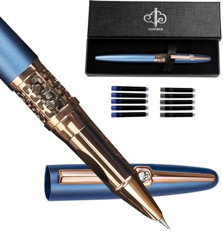 YUN CHUN Refillable Fountain Pen Fine Nib, Fancy Ink Pen with 10 Black & 10 Blue Ink Refills Cartridges, Cool Ink Pens for Writing, Business Metal, Best Gift Set for Men & Women, Blue
