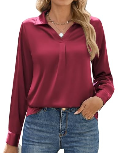 Zeagoo - Camicetta da donna in satin, a maniche lunghe, elegante, scollo a V, in seta, tinta unita, da lavoro, rosso vivo, XXL