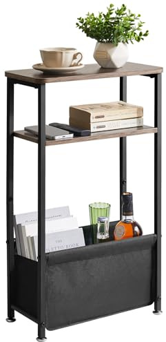 Aibiju Narrow Side Table, 3-Tier Slim End Table with Storage Fabric Basket,40x20x66cm Thin Nightstand Bedside Table for Living Room Bedroom Office, Dark Grey YD-ST002G