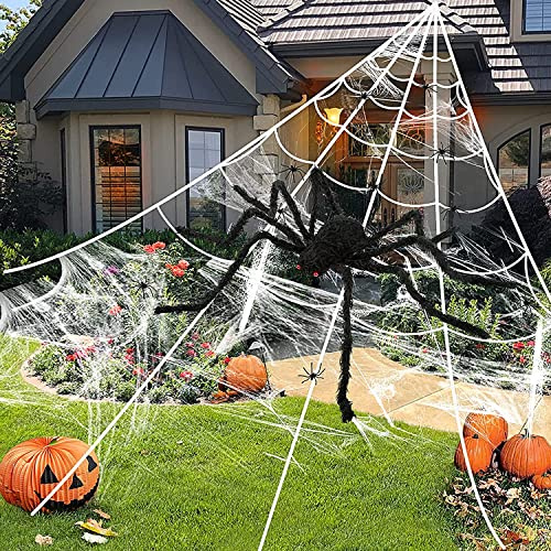 LINNIW Halloween Giant Spider Web Decorations, Giant 35in Black Spider + 200'' Triangular Giant Spider Web, Indoor Outdoor Scary Haunted House Spider Web for Halloween Outdoor Yard Decoration