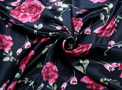 Vayliro 200cm x 150cm Satinstoff Bedruckter Seidensatin Stoff Seidenstoff Meterware Dekostoff Stoff mit Blumenmuster Bekleidungsstoffe für DIY Basteln Nähen Handwerk Heimdekoration,Schwarzrot