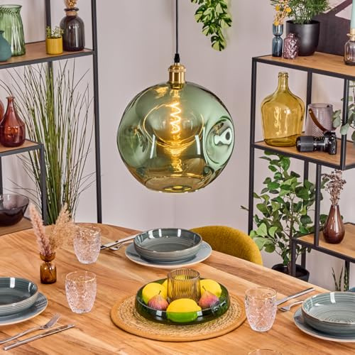 HOFSTEIN Hängeleuchte Ripoll, 1-flammige Hängelampe aus Metall/Glas in Goldfarben/Grün, moderne Pendelleuchte im Retro/Vintage-Design (Schirm 30 cm), E27, Esszimmer, Küche, Wohnzimmer, Flur