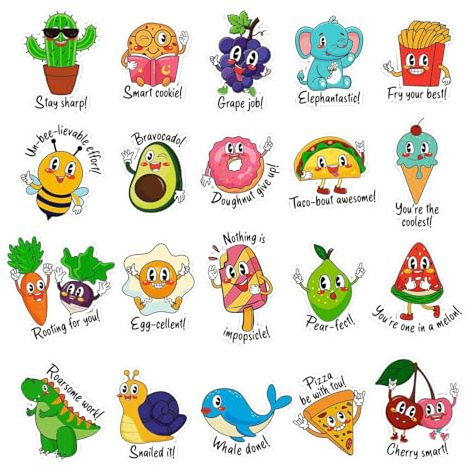 Punny Teacher Stickers, Motivational Designs, 800 Pieces, Student Reward Stickers, Cartoon Animal Food Theme, Aesthetic Stationery, for Kids, Journaling, Laptops