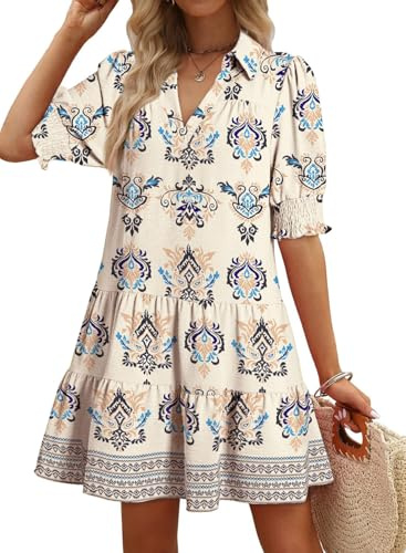 Dokotoo Boho Dresses for Women Graduation Dress 2026 Spring Summer Casual Dress Mini Womens Dresses V Neck Vacation Texture Women's Clothing Fashion Beach Plus Size Clothes Outfits Apricot