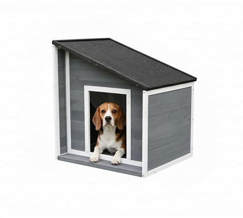 Caseta para Perros Relaxdays, Madera, Impermeable, Techo abatible, HBT: 77 x 71 x 58 cm, Gris/Blanco