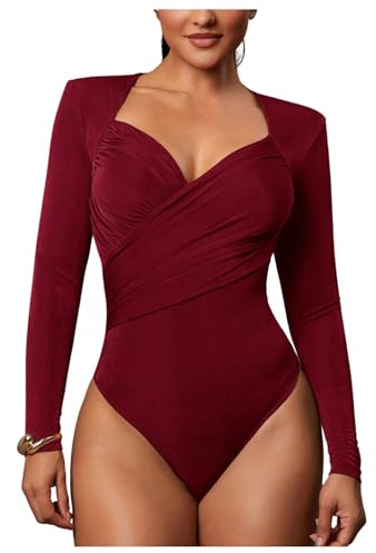 WDIRARA Women's Cross Wrap Bodysuit Ruched Long Sleeve Sweetheart Neck Leotard Body Suit Burgundy Medium