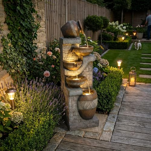 Bumilgar 108 cm gartenbrunnen für außen 5-stufiger Krug-Gartenbrunnen aus Polyresin in Steinoptik, freistehender Indoor-Wasserfall für Terrasse, Veranda, Garten und Innenbereich, Braun