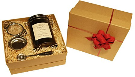 Decaffeinated English Breakfast Tea Gift Set Decaff Black Loose Leaf Tea Wrapped 100g in Caddy with Tea Strainer and Measuring Spoon by TeaCakes of Yorkshire