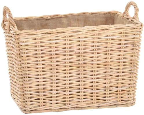 Stabiler Kaminholzkorb, Flechtkorb mit eingearbeitetem Jutestoff/Holzkorb Kaminkorb aus unbehandeltem Natur-Rattan Hell