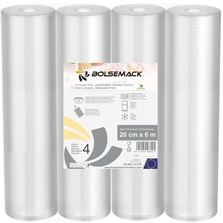 Bolsemack Rollos para Envasar al Vacío Alimentos, Pack 4 Rollos 20cm x 6m Bolsas Vacio Gofradas para cortar a medida, Compatibles con todas las Envasadora al Vacío domésticas, Resistentes y Sin BPA.
