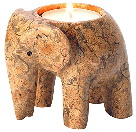Fossil Gift Shop - Bougeoir pour bougie chauffe-plat - Éléphant en marbre - 8 cm, Pierre, Beige Fossilstone