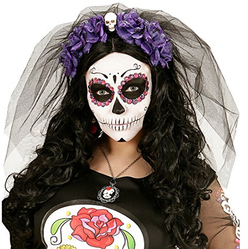 Amakando La Catrina Haarschmuck Tag der Toten Haarreif schwarz-lila Totenkopf Halloween Haarreifen Dia de los Muertos Schleier Day of The Dead Diadem Rosen Kopfschmuck Totenschädel