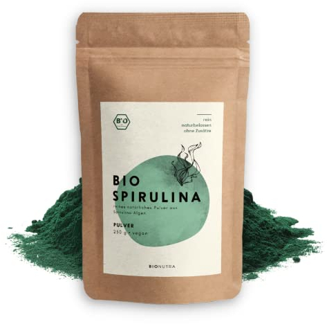 BIONUTRA® Bio Spirulina Pulver 250 g, rückstandskontrolliert, nach EU-ÖKO-Standard hergestellt, vegan, laktose- & glutenfrei, ohne Zusätze, Spirulina Pulver Bio