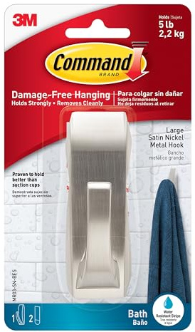 Command Modern Reflections Large Metal Bath Hook, Satin Nickel, 1-Hook with Water-Resistant Strips, Organize Damage-Free