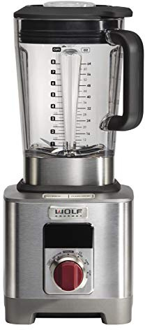 Wolf Gourmet High-Performance Blender, 64 oz Jar, 4 program settings, 12.5 AMPS, Blends Food, Shakes and Smoothies, Red Knob, Stainless Steel (WGBL100S)