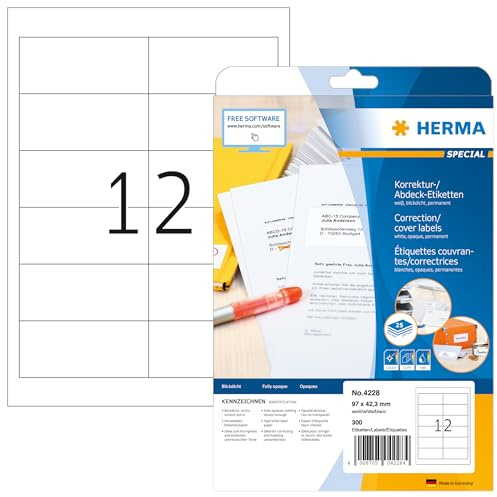 HERMA 4228 Korrekturetiketten blickdicht, 25 Blatt, 97 x 42,3 mm, 12 pro A4 Bogen, 300 Stück, selbstklebend, bedruckbar, matt, blanko Papier Abdeckaufkleber Etiketten, weiß