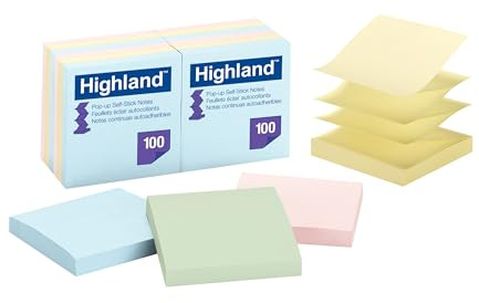 Highland Pop-up Sticky Notes, 3 x 3 Inches, Assorted Pastel Colors, 12 Pack (6549-PUA)