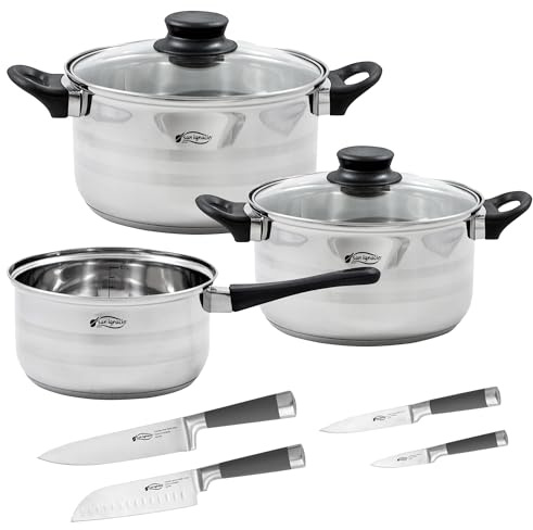 San Ignacio LWH18 Batterie de cuisine 5 pièces avec couvercles en verre et set de couteaux professionnels en métal