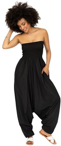 Jumpsuit dam sommar – mångsidig 2-i-1-onepiece av bomull – jumpsuit blir haremsbyxor genom nedstrykning – med långa ben, fickor och elastiska manschetter i midja och fotled, svart, one size