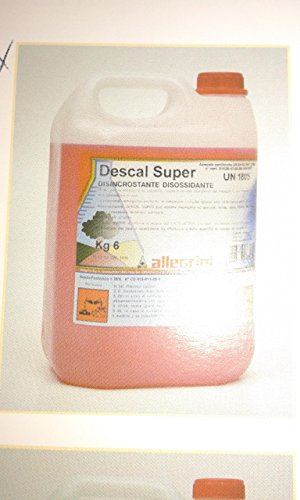 DESCAL SUPER TANICA 6 KG ALLEGRINI DISINCROSTANTE DISOSSIDANTE DETERSIVO PER LA PULIZIA ORDINARIA PAVIMENTI- DETERGENTI ACIDI. Prodotto per la dissoluzione ed asportazione di residui inorganici quali ossidi, calcare, ruggine dalle superfici d'impianti industriali e macchine del settore alimentare e non. DESCAL SUPER è tamponato ed inibito, per questo permette la disincrostazione senza fenomeni corrosivi sui materiali quali: acciaio, ferro , rame, ottone, alluminio