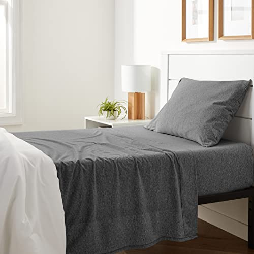Amazon Basics 3 Piece Cotton Jersey Bed Sheet Set, fitted sheet 152x203 cm & flat sheet 229x259 cm with pillowcase 51 x 76 cm, Dark Grey, Solid